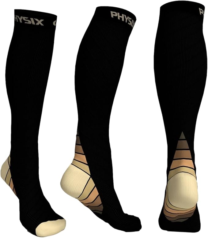 Image of black/yellow compression socks.