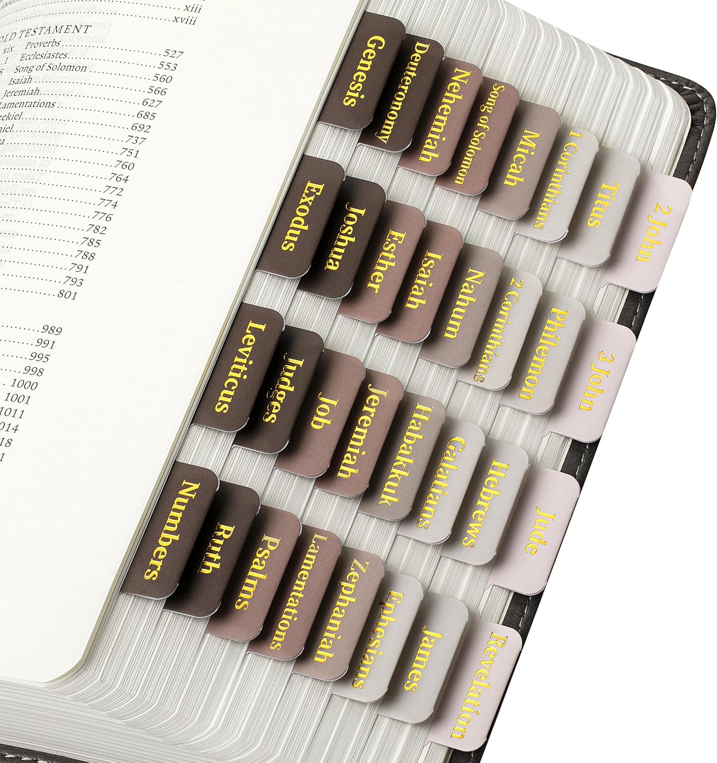 Image of bible tabs in neutral colors.