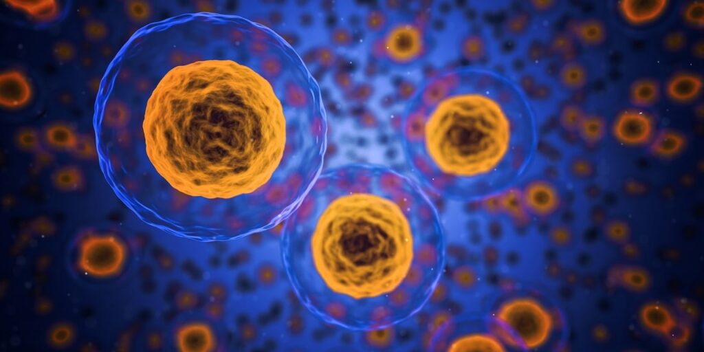 Image of cells in blue background.