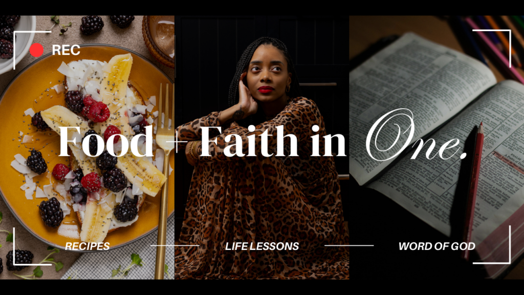 An image of a collage with food, Shanika, and the bible.