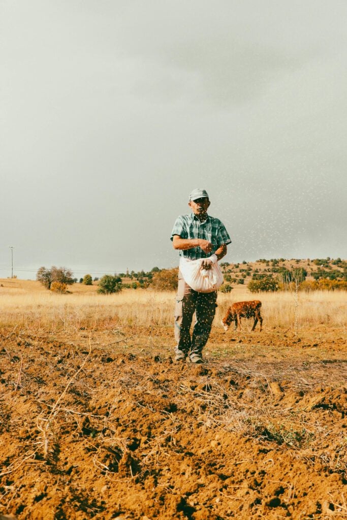 A farmer on a field casting seeds.