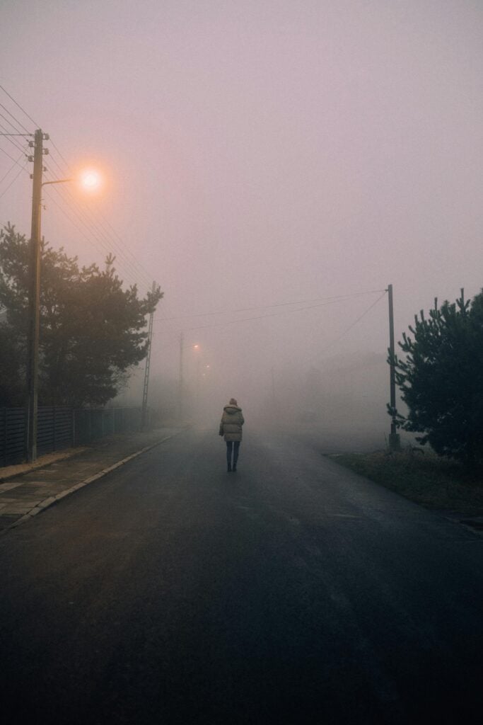 Someone walking down a path in fog with trees.