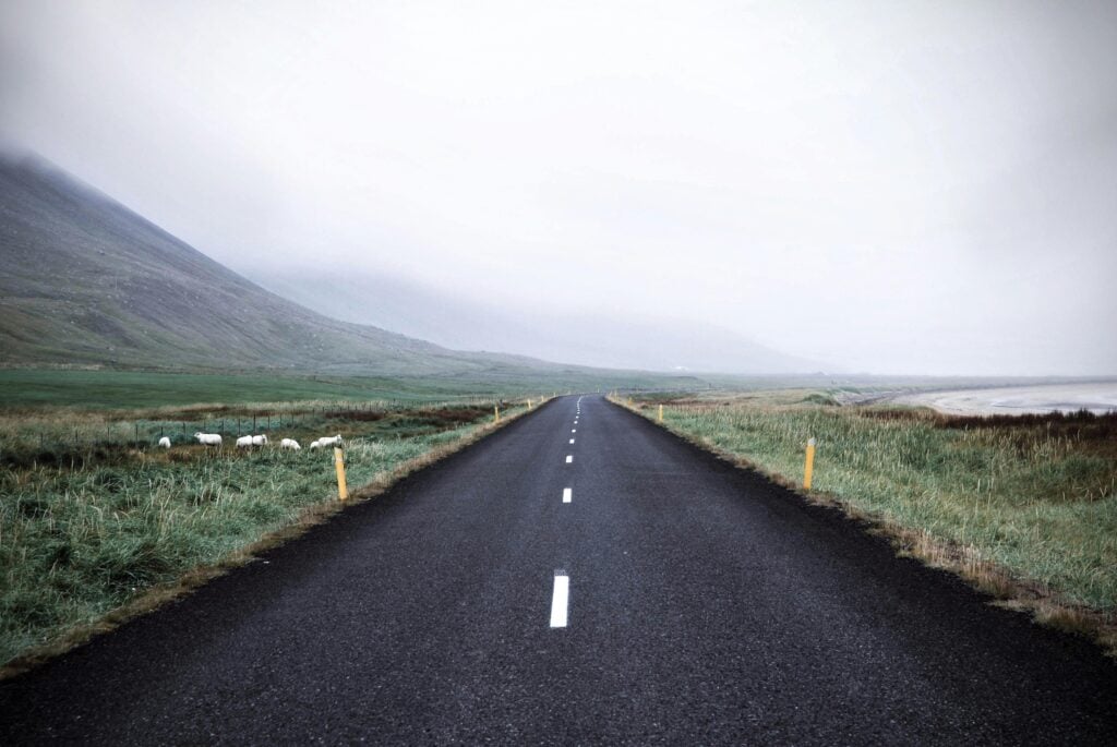 A road with outdoor scenery and fog.