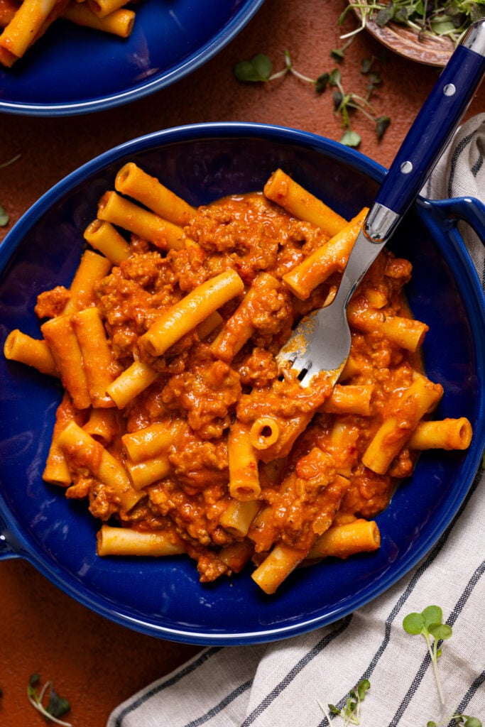 Up close shot of My Childhood Homemade Beefaroni in a bowl with a fork.