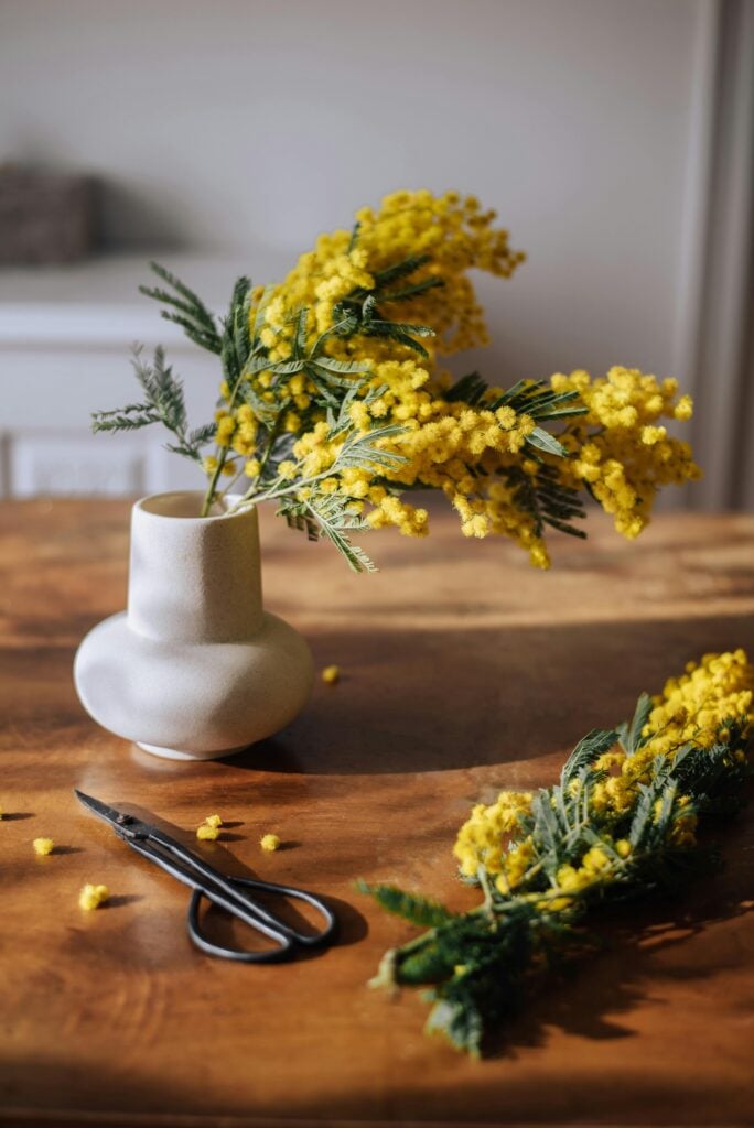 Yellow flowers in a white vase on a wood table with scissors and cut stems.