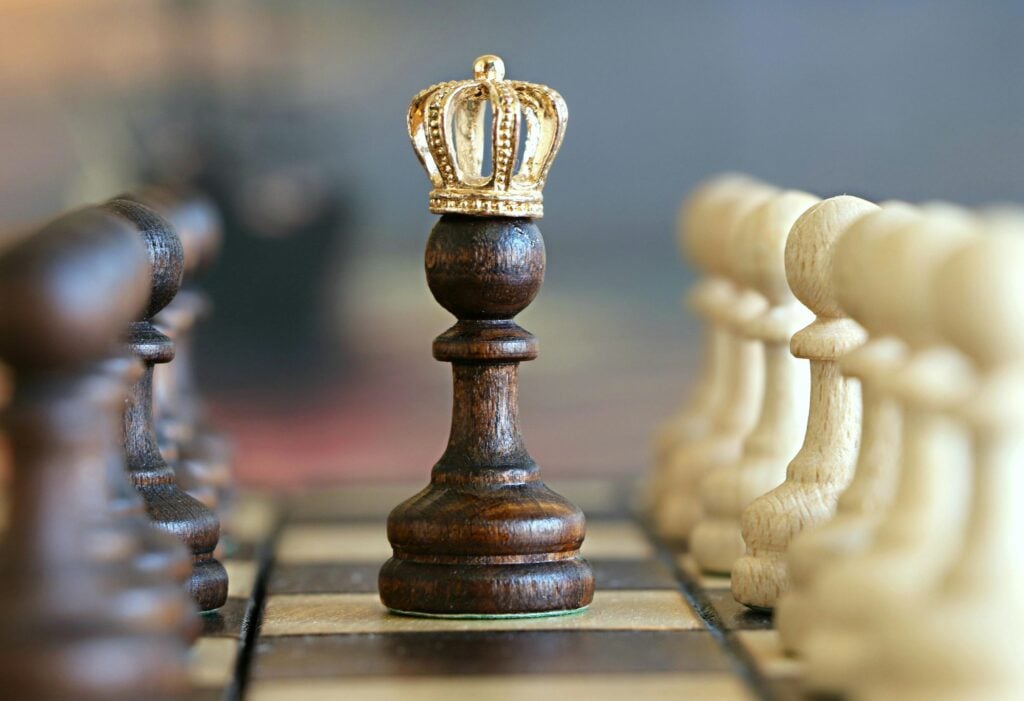Chess pieces on a board and one piece in the middle with a mini crown.