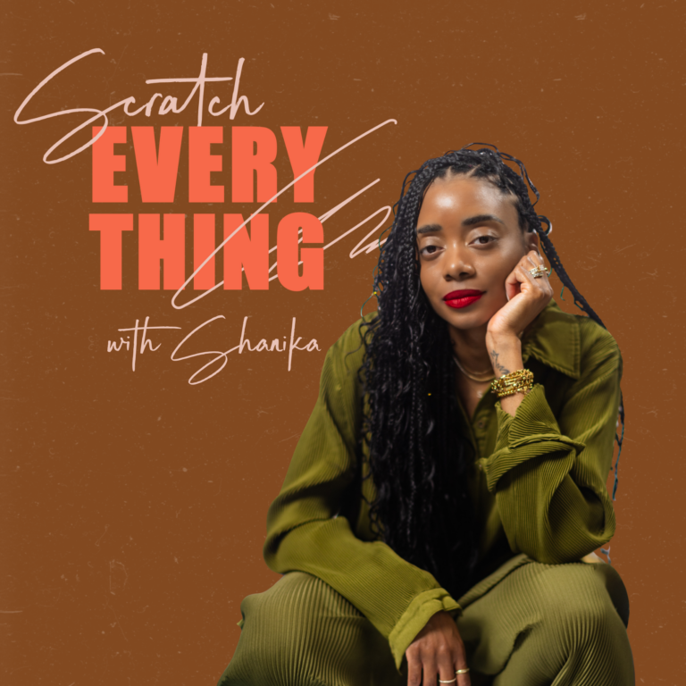 Shanika squatting in front of brown background with Scratch Everything text.