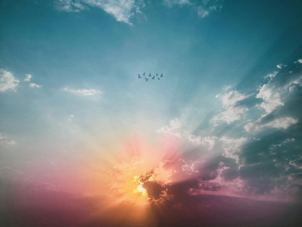 A beautiful colorful sky with birds flying.