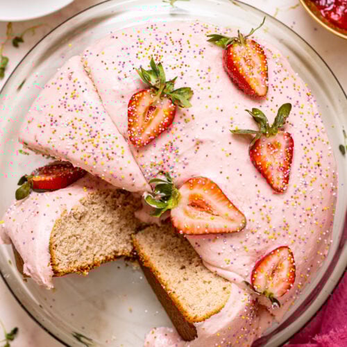 Up close shot of The Best 1-Layer Strawberry Cake.
