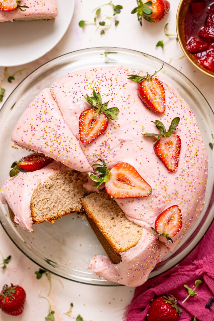 Up close shot of The Best 1-Layer Strawberry Cake.