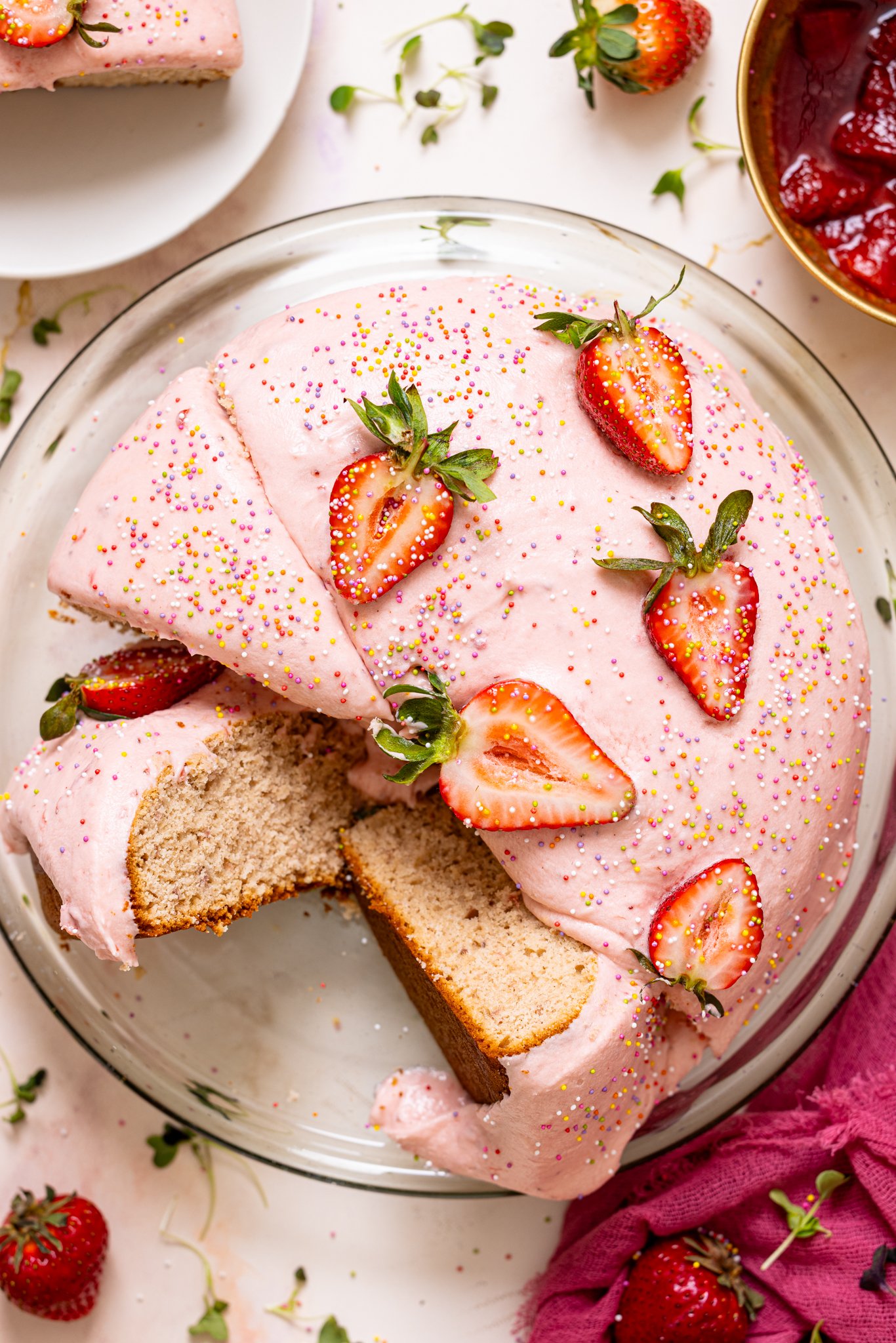 Up close shot of The Best 1-Layer Strawberry Cake.